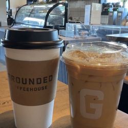Drip coffee, iced vanilla latte