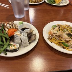 Hibachi, green beans, sushi, crabs, shellfish