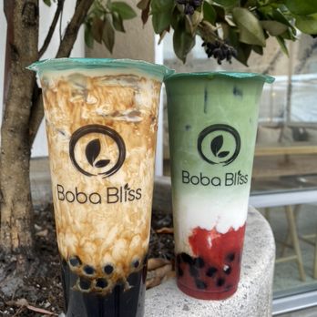 Boba Bliss - Brown Sugar Pearl Latte and Strawberry Matcha Latte with Pearls - Bubble Tea Near Me - Mountain View, California