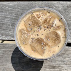 Ceremony Coffee Roasters - Mt. Vernon - Lavender Bliss -- oat milk latte with real white chocolate & house-made lavender blackberry syrup topped with lavender flowers