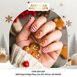 American Nails - Sweet like holiday cookies! Adorable gingerbread men and candy cane stripes for a whimsical and festive winter look. Book now!