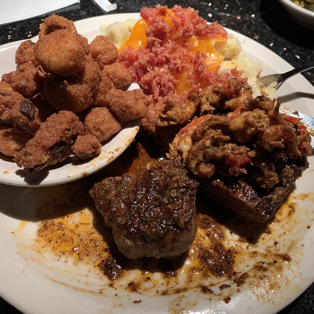 Two Frogs Grill - blackened top sirloin topped with crawfish - American Near Me - Ardmore, Oklahoma Two Frogs Grill - blackened top sirloin topped with crawfish - American Near Me - Ardmore, Oklahoma