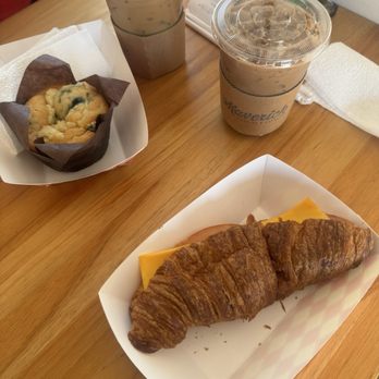 Maverick Coffee - Iced mocha , ham & cheese croissant   Vanilla latte , blue berry muffin - Bikes Near Me - Whittier, California