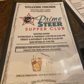 Prime Steer Supper Club - a menu for prime steer supper club - Seafood Near Me - Kaukauna, Wisconsin Prime Steer Supper Club - a menu for prime steer supper club - Seafood Near Me - Kaukauna, Wisconsin