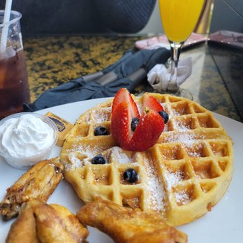 Sunset Rooftop - Chicken and waffle with fruit‍ - Hookah Bars Near Me - Los Angeles, California