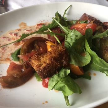 Primo - Smoked Tomato Salad with Fried Croutons - Mediterranean Near Me - Rockland, Maine Primo - Smoked Tomato Salad with Fried Croutons - Mediterranean Near Me - Rockland, Maine