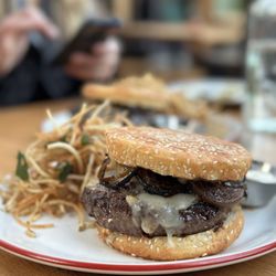 Lingua Franca - LINGUA FRANCA BURGER: GRASSFED BEEF,"TOMA"CHEESE,BLACK PEPR MAYO,ONION,BLACK GARLIC SHERRY BROWN BUTTER,SESAME ENGLISH MUFFIN+MATCHSTICKS
