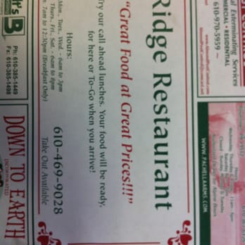 Ridge Restaurant - the menu for the restaurant - Diners Near Me - Pottstown, Pennsylvania Ridge Restaurant - the menu for the restaurant - Diners Near Me - Pottstown, Pennsylvania