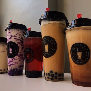 Brew Cha - [starting from the left, Black Sugar Latte w/boba, Ube Taro Latte w/boba, Raspberry Strawberry Tea w/boba, 2x Ceylon Black Milk Tea w/boba] - Bubble Tea Near Me - San Francisco, California