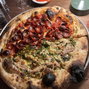 Pizza Grace - half pepperoni and half chicken pesto - Pizza Near Me - Birmingham, Alabama
