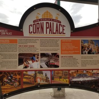 Corn Palace - The sign features information about the Corn Palace in Mitchell, South Dakota, including its history, decoration process, and cultural heritage. It highlights the annual theme, the use of corn in murals, and the palace's role as a venue for events. The sign includes images of murals, a performer, and the interior of the palace, emphasizing its artistic and community significance. - Museums Near Me - Mitchell, South Dakota