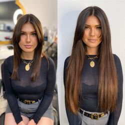 Sarah English Salon - Before & after  Custom brown color & 2 Rows of Handtied Extensions