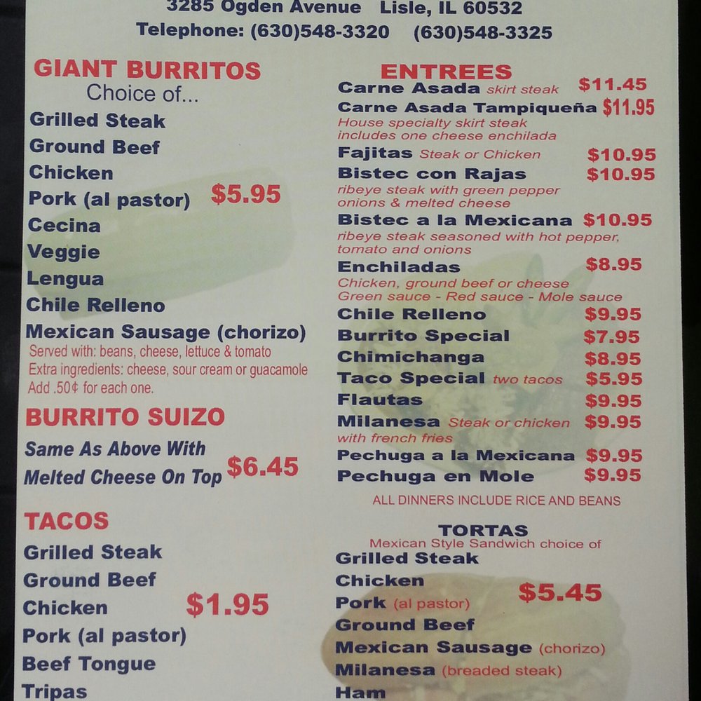 Los Burritos Tapatios - Current menu/prices 1/31/14 - Mexican Near Me - Lisle, Illinois