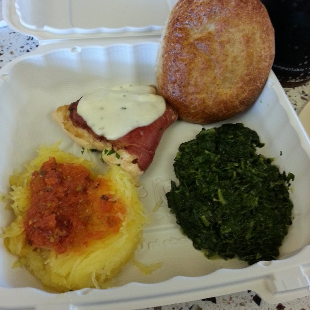 Cafe Charles - Roast chicken wrapped in prosciutto, spaghetti squash, fresh spinach from the rooftop garden. - Brasseries Near Me - Dallas, Texas