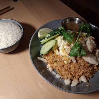When In Bangkok - Crab and egg over fried rice with a bowl of rice on the side - Thai Near Me - Flushing, New York When In Bangkok - Crab and egg over fried rice with a bowl of rice on the side - Thai Near Me - Flushing, New York