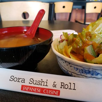 Sushi & Roll - Miso and house salad. Something in the food gave me stomach cramps :( - Sushi Bars Near Me - Covina, California
