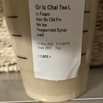 Starbucks - Supposed to be a grande iced chai with peppermint cold foam and no ice. - Coffee & Tea Near Me - Iowa City, Iowa Starbucks - Supposed to be a grande iced chai with peppermint cold foam and no ice. - Coffee & Tea Near Me - Iowa City, Iowa