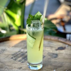 California Gold - Polo Cup : Vodka or Gin, Elderflower, Cucumber, Basil, Mint, Lemon, Orange Bitters, and Soda