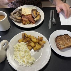 Brickstones - Egg whites, home fries, raisin toast. Over medium, home fries, bacon, rye toast
