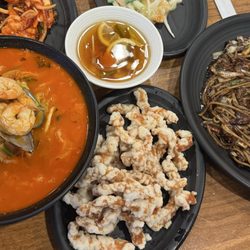 Jeong’s Noodle - Left to right 3. Jjampong 9. Tangsuyuk 2. Seafood Jajang Myeon