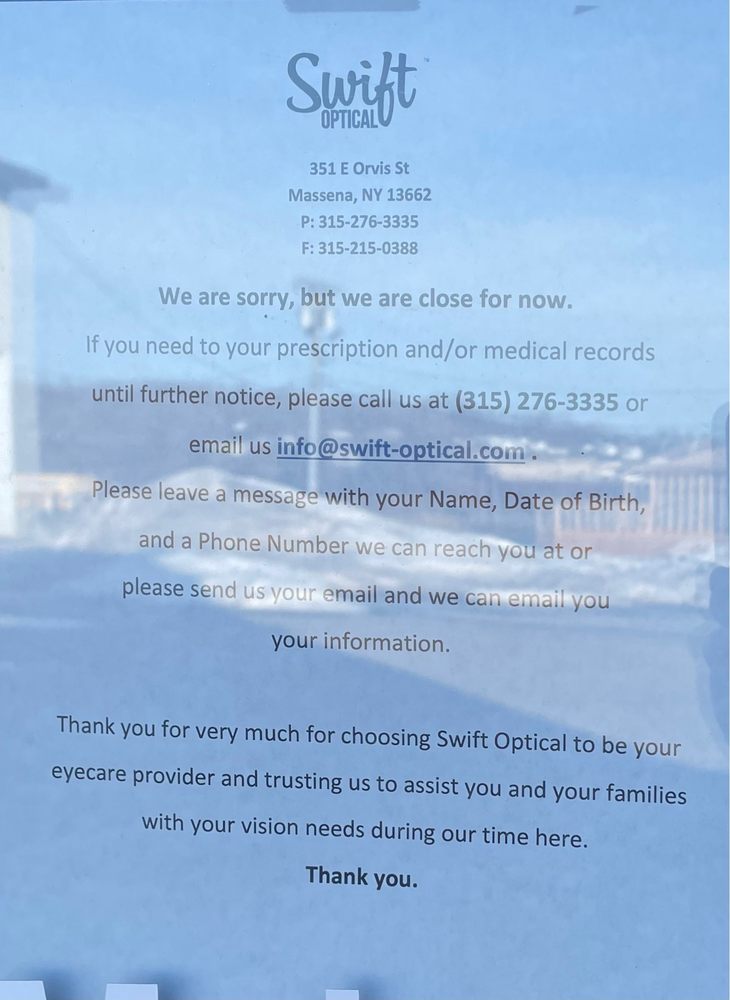 SWIFT OPTICAL MASSENA Updated July 2024 351 East Orvis St, Massena