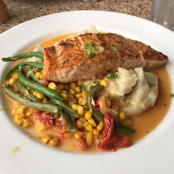 Marina Cafe - My awesome salmon with fire roasted corn salsa and green beans with mashed potatoes - Seafood Near Me - Destin, Florida