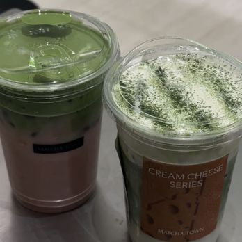 Matcha Town - Guava matcha (left) & white champaca matcha with cheese (right) - Gelato Near Me - Cupertino, California Matcha Town - Guava matcha (left) & white champaca matcha with cheese (right) - Gelato Near Me - Cupertino, California