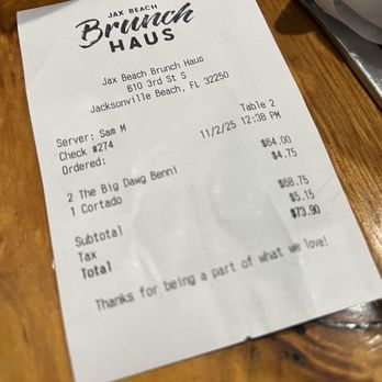 Jax Beach Brunch Haus - Receipt - Breakfast & Brunch Near Me - Jacksonville Beach, Florida Jax Beach Brunch Haus - Receipt - Breakfast & Brunch Near Me - Jacksonville Beach, Florida