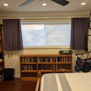 Master Blinds - Guest Bedroom/Library. Ripplefold curtains with motorization and a 1% Solar Shade to let light in, but provide privacy. - Shades & Blinds Near Me - Sherman Oaks, California Master Blinds - Guest Bedroom/Library. Ripplefold curtains with motorization and a 1% Solar Shade to let light in, but provide privacy. - Shades & Blinds Near Me - Sherman Oaks, California