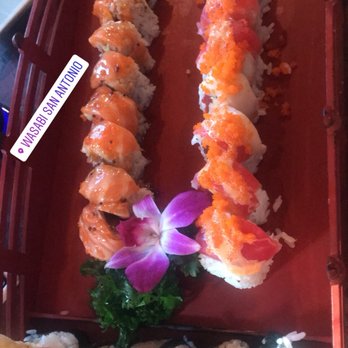 Wasabi - Left to right: Red Dragon Roll, Loyal Salmon Roll Bottom: Rock n Roll - Sushi Bars Near Me - San Antonio, Texas Wasabi - Left to right: Red Dragon Roll, Loyal Salmon Roll Bottom: Rock n Roll - Sushi Bars Near Me - San Antonio, Texas