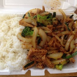 TOGO ORDER: Mongolian tofu (ordered extra spicy) with white rice. $5.15 for this huge portion.