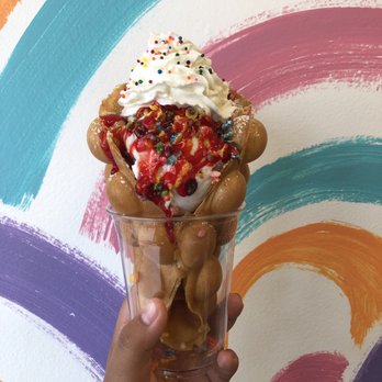 Double Three - Vanilla Ice cream with Fruity Pebbles and Strawberry syrup. - Ice Cream & Frozen Yogurt Near Me - Honolulu, Hawaii Double Three - Vanilla Ice cream with Fruity Pebbles and Strawberry syrup. - Ice Cream & Frozen Yogurt Near Me - Honolulu, Hawaii
