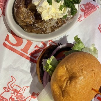 Sizzler - Classic Burger (1/2lb) with a side of Baked Potato - American Near Me - Turlock, California Sizzler - Classic Burger (1/2lb) with a side of Baked Potato - American Near Me - Turlock, California