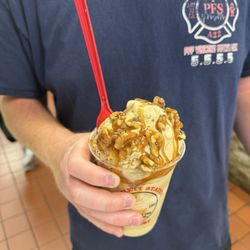 Hewlett Station Yogurt - Coffee fro yo with walnuts, cinnamon scone, and caramel drizzle