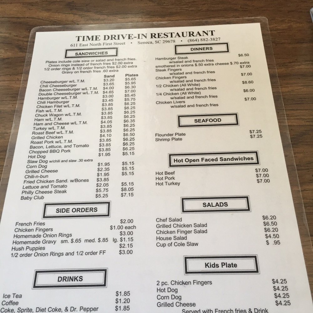 Time Drive In Restaurant - Menu and prices - American Near Me - Seneca, South Carolina Time Drive In Restaurant - Menu and prices - American Near Me - Seneca, South Carolina