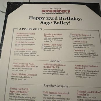 Old Original Bookbinders - special menu for my husbands birthday - Seafood Near Me - Richmond, Virginia