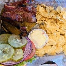 Ichabod's Bar & Grille - Kathy's "Our Burger" with grilled onions, potato chips and cheddar cheese. Soo good!
