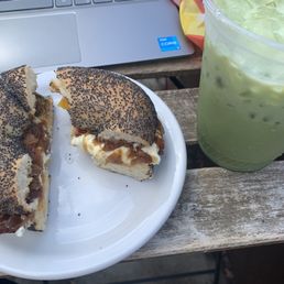Jalapeño popper bagel and iced matcha latte