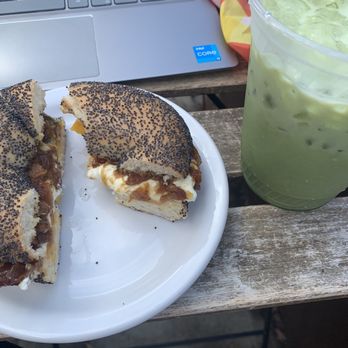 Souvenir Coffee - Jalapeño popper bagel and iced matcha latte - Coffee & Tea Near Me - Albany, California