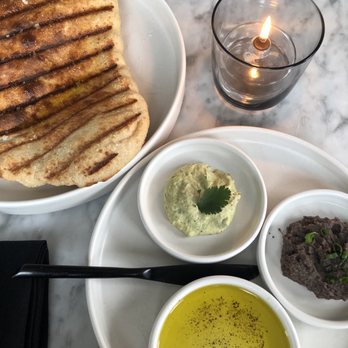 Comune - Bread and spread (black bean hummus, cilantro hummus and double olive oil) - Vegetarian Near Me - Columbus, Ohio