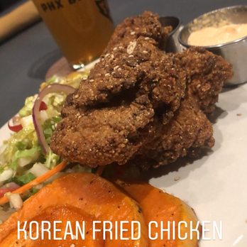 PHX Beer - Korean Fried Chicken with Asian Slaw and Sweet Potato Medallions - American Near Me - Scottsdale, Arizona PHX Beer - Korean Fried Chicken with Asian Slaw and Sweet Potato Medallions - American Near Me - Scottsdale, Arizona