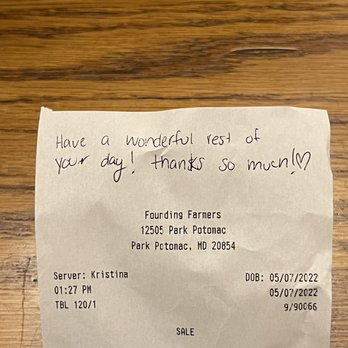 MoCo's Founding Farmers - Kristina left a nice note - New American Near Me - Potomac, Maryland MoCo's Founding Farmers - Kristina left a nice note - New American Near Me - Potomac, Maryland