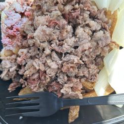 Chopped beef with French fries and white onion