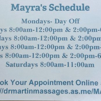 Martin Chiropractic - Mayra Massage Therapist schedule as of 3/2021 - Chiropractors Near Me - Chino, California
