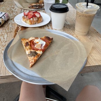 Birmingham Breadworks - Slice of the day for Thursday, iced latte, small hot latte, and cream cheese danish with added strawberries. On the back patio - Bakeries Near Me - Birmingham, Alabama Birmingham Breadworks - Slice of the day for Thursday, iced latte, small hot latte, and cream cheese danish with added strawberries. On the back patio - Bakeries Near Me - Birmingham, Alabama
