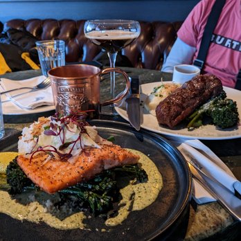 Earls Kitchen + Bar - Salmon, with rice, broccolini, and feta capers aioli sauce (recommend!) Sirloin steak 9 oz, mashed potatoes, broccolini (also recommend!) - Canadian (New) Near Me - Whistler, British Columbia Earls Kitchen + Bar - Salmon, with rice, broccolini, and feta capers aioli sauce (recommend!) Sirloin steak 9 oz, mashed potatoes, broccolini (also recommend!) - Canadian (New) Near Me - Whistler, British Columbia