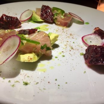 Xixa - Hamachi sashimi, blood orange, avocado, shirodashi, sesame, lime kosho - Mexican Near Me - Brooklyn, New York Xixa - Hamachi sashimi, blood orange, avocado, shirodashi, sesame, lime kosho - Mexican Near Me - Brooklyn, New York