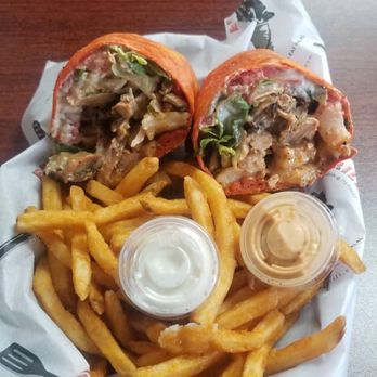 Fatima's Grill - Chicken Wrap Shawarma with added shrimp, fries on the side. Delicious. - Mediterranean Near Me - Downey, California