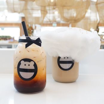 Mini Monster Cafe - Left to right : thai milk tea & homey milk tea with cotton candy cloud and tajin - Bubble Tea Near Me - Anaheim, California