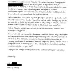 Atlantic Private Care Services - Testimonial letter on our caregivers...this is what they do best